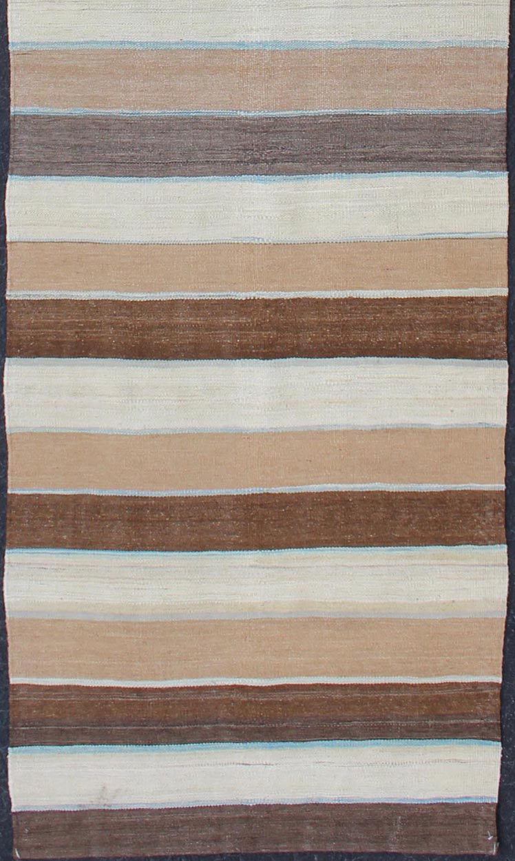 Modern Kilim Rug with Stripes in Shades of Blue, Taupe, Gray and Cream Runner kwarugs Flat - weave Kilim rug with stripes with modern design in shades of blue, taupe gray and cream. Keivan Woven Arts / rug afg - 27738, country of origin / type: Afgh... - Keivan Woven ArtsAFG - 27738 - 11913Rug