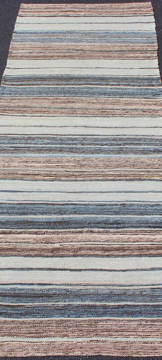 Modern Kilim Rug with Stripes in Shades of Blue, Taupe, Brown, and Cream Runner. Flat - weave Kilim rug with stripes with modern design in shades of blue, taupe, brown and cream, Keivan Woven Arts / rug AFG - 27742, country of origin / type: Afghani... - Keivan Woven ArtsAFG - 27742 - 11777Rug