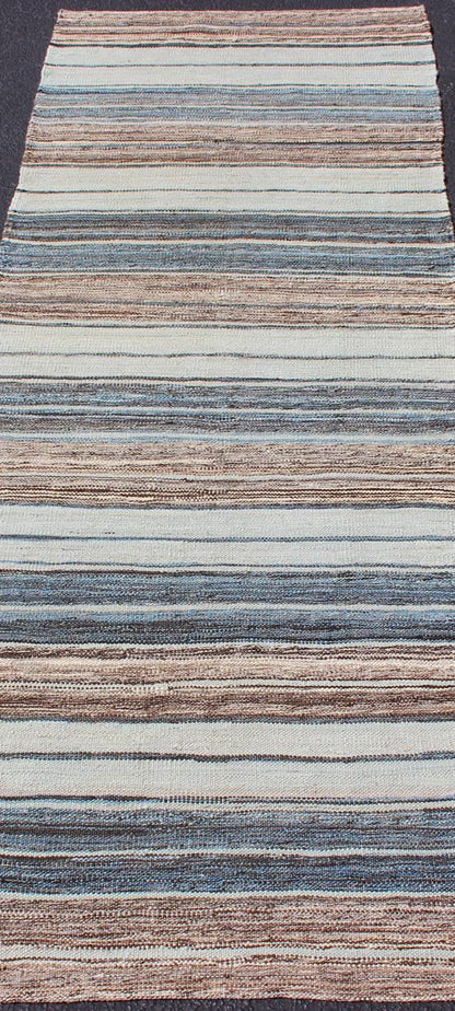 Modern Kilim Rug with Stripes in Shades of Blue, Taupe, Brown, and Cream Runner. Flat - weave Kilim rug with stripes with modern design in shades of blue, taupe, brown and cream, Keivan Woven Arts / rug AFG - 27742, country of origin / type: Afghani... - Keivan Woven ArtsAFG - 27742 - 11777Rug