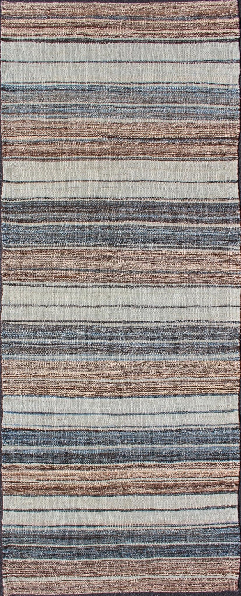 Modern Kilim Rug with Stripes in Shades of Blue, Taupe, Brown, and Cream Runner. Flat - weave Kilim rug with stripes with modern design in shades of blue, taupe, brown and cream, Keivan Woven Arts / rug AFG - 27742, country of origin / type: Afghani... - Keivan Woven ArtsAFG - 27742 - 11777Rug