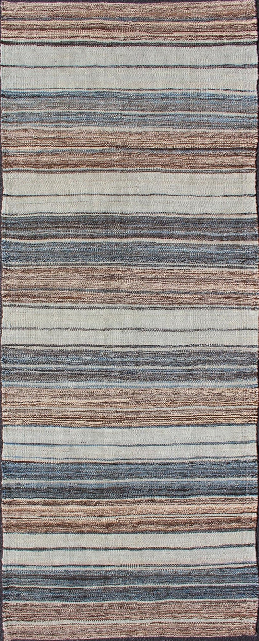 Modern Kilim Rug with Stripes in Shades of Blue, Taupe, Brown, and Cream Runner. Flat - weave Kilim rug with stripes with modern design in shades of blue, taupe, brown and cream, Keivan Woven Arts / rug AFG - 27742, country of origin / type: Afghani... - Keivan Woven ArtsAFG - 27742 - 11777Rug