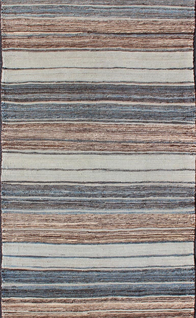 Modern Kilim Rug with Stripes in Shades of Blue, Taupe, Brown, and Cream Runner. Flat - weave Kilim rug with stripes with modern design in shades of blue, taupe, brown and cream, Keivan Woven Arts / rug AFG - 27742, country of origin / type: Afghani... - Keivan Woven ArtsAFG - 27742 - 11777Rug