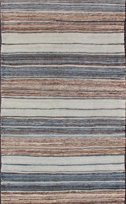 Modern Kilim Rug with Stripes in Shades of Blue, Taupe, Brown, and Cream Runner. Flat - weave Kilim rug with stripes with modern design in shades of blue, taupe, brown and cream, Keivan Woven Arts / rug AFG - 27742, country of origin / type: Afghani... - Keivan Woven ArtsAFG - 27742 - 11777Rug