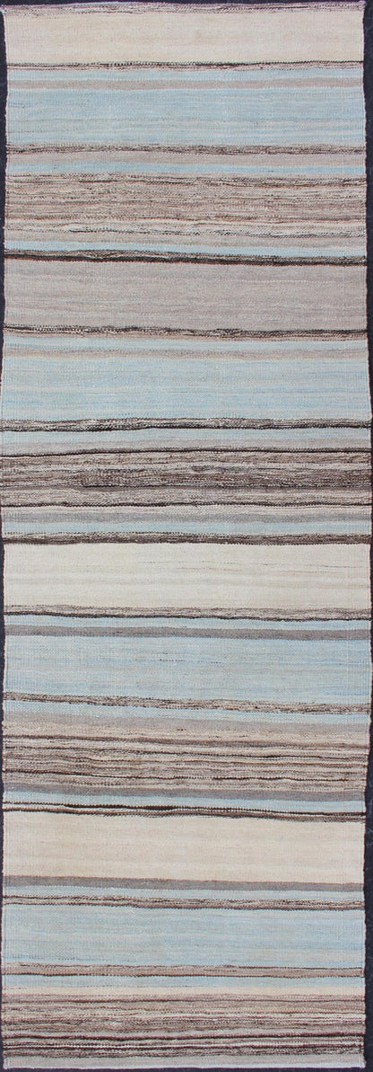 Modern Kilim Rug With Stripes in Shades of Blue, Taupe, Brown, and Cream Runner Flat - weave Kilim rug with stripes with modern design in shades of blue, taupe, brown and cream, rug AFG - 27745, country of origin / type: Afghanistan / Kilim Keivan W... - Keivan Woven ArtsAFG - 27745 - 11919Rug