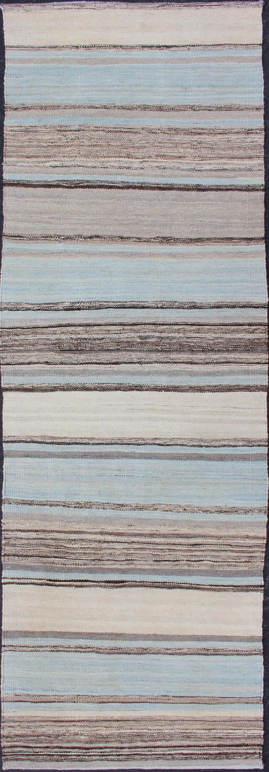 Modern Kilim Rug With Stripes in Shades of Blue, Taupe, Brown, and Cream Runner Flat - weave Kilim rug with stripes with modern design in shades of blue, taupe, brown and cream, rug AFG - 27745, country of origin / type: Afghanistan / Kilim Keivan W... - Keivan Woven ArtsAFG - 27745 - 11919Rug