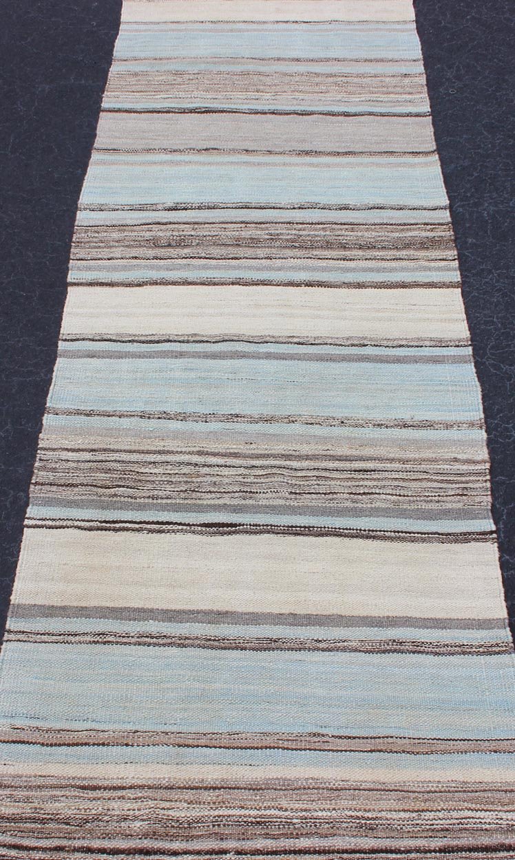 Modern Kilim Rug With Stripes in Shades of Blue, Taupe, Brown, and Cream Runner Flat - weave Kilim rug with stripes with modern design in shades of blue, taupe, brown and cream, rug AFG - 27745, country of origin / type: Afghanistan / Kilim Keivan W... - Keivan Woven ArtsAFG - 27745 - 11919Rug