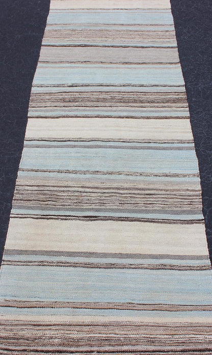 Modern Kilim Rug With Stripes in Shades of Blue, Taupe, Brown, and Cream Runner Flat - weave Kilim rug with stripes with modern design in shades of blue, taupe, brown and cream, rug AFG - 27745, country of origin / type: Afghanistan / Kilim Keivan W... - Keivan Woven ArtsAFG - 27745 - 11919Rug