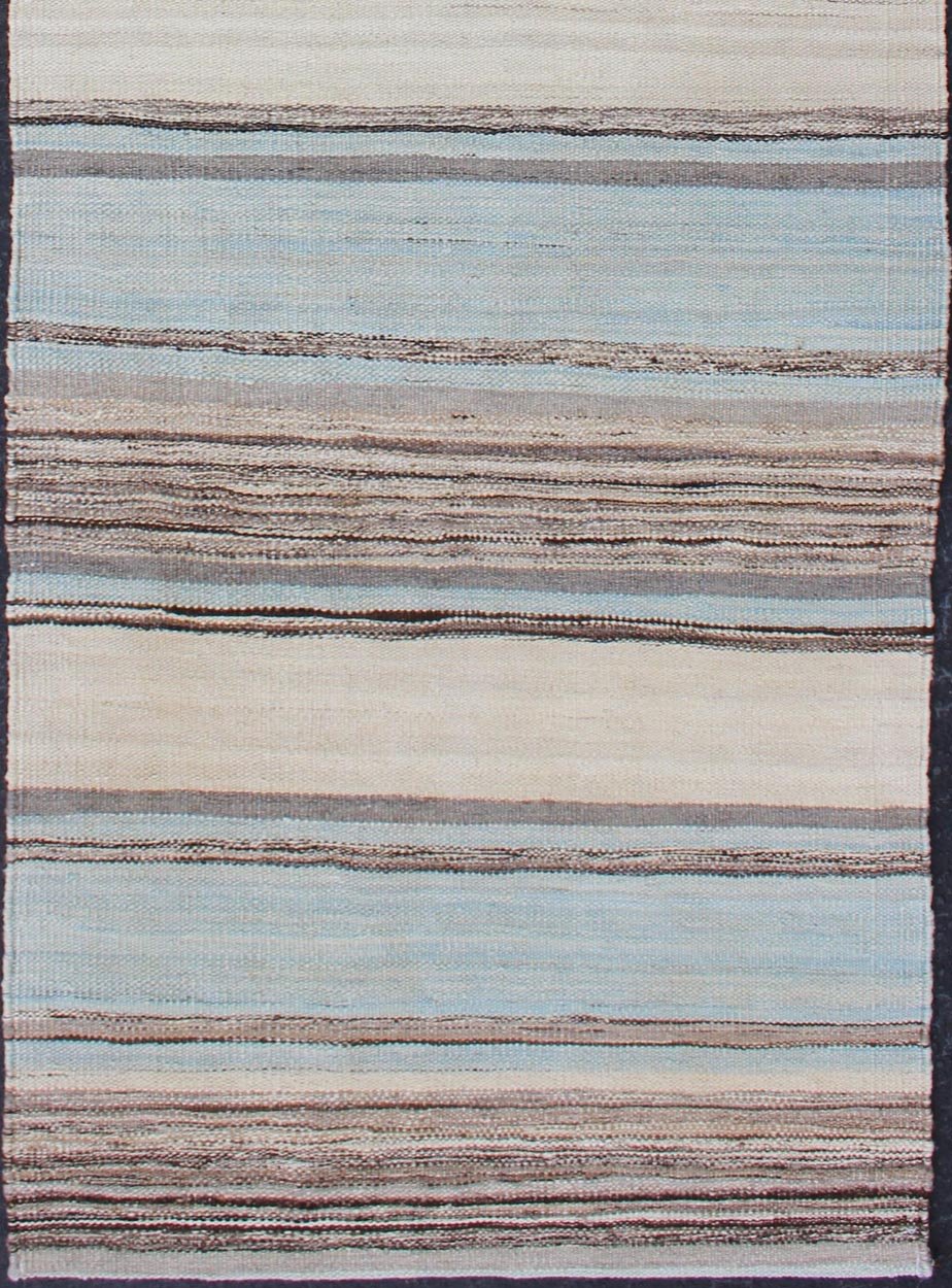 Modern Kilim Rug With Stripes in Shades of Blue, Taupe, Brown, and Cream Runner Flat - weave Kilim rug with stripes with modern design in shades of blue, taupe, brown and cream, rug AFG - 27745, country of origin / type: Afghanistan / Kilim Keivan W... - Keivan Woven ArtsAFG - 27745 - 11919Rug