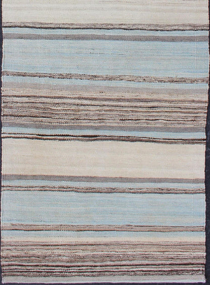 Modern Kilim Rug With Stripes in Shades of Blue, Taupe, Brown, and Cream Runner Flat - weave Kilim rug with stripes with modern design in shades of blue, taupe, brown and cream, rug AFG - 27745, country of origin / type: Afghanistan / Kilim Keivan W... - Keivan Woven ArtsAFG - 27745 - 11919Rug