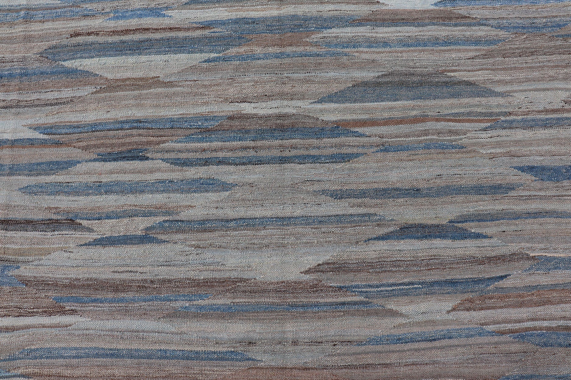 Afghan Modern Kilim All - Over Design in Blues, Browns, and Tan Modern and casual flat - woven Kilim rug. Neutrals, charcoal, gray, blue and brown diamond Afghan Modern Kilim Geometric design. Keivan Woven Arts / Rug AFG - 27786, country of origin / t... - Keivan Woven ArtsAFG - 27786 - 15873Rug