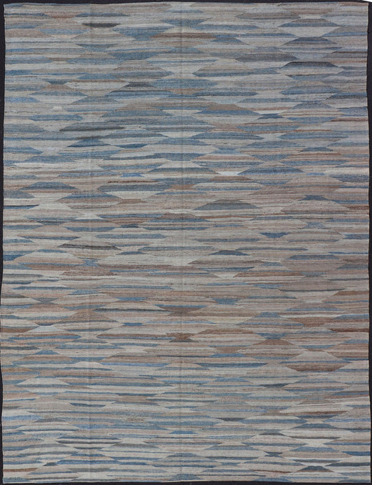 Afghan Modern Kilim All - Over Design in Blues, Browns, and Tan Modern and casual flat - woven Kilim rug. Neutrals, charcoal, gray, blue and brown diamond Afghan Modern Kilim Geometric design. Keivan Woven Arts / Rug AFG - 27786, country of origin / t... - Keivan Woven ArtsAFG - 27786 - 15873Rug