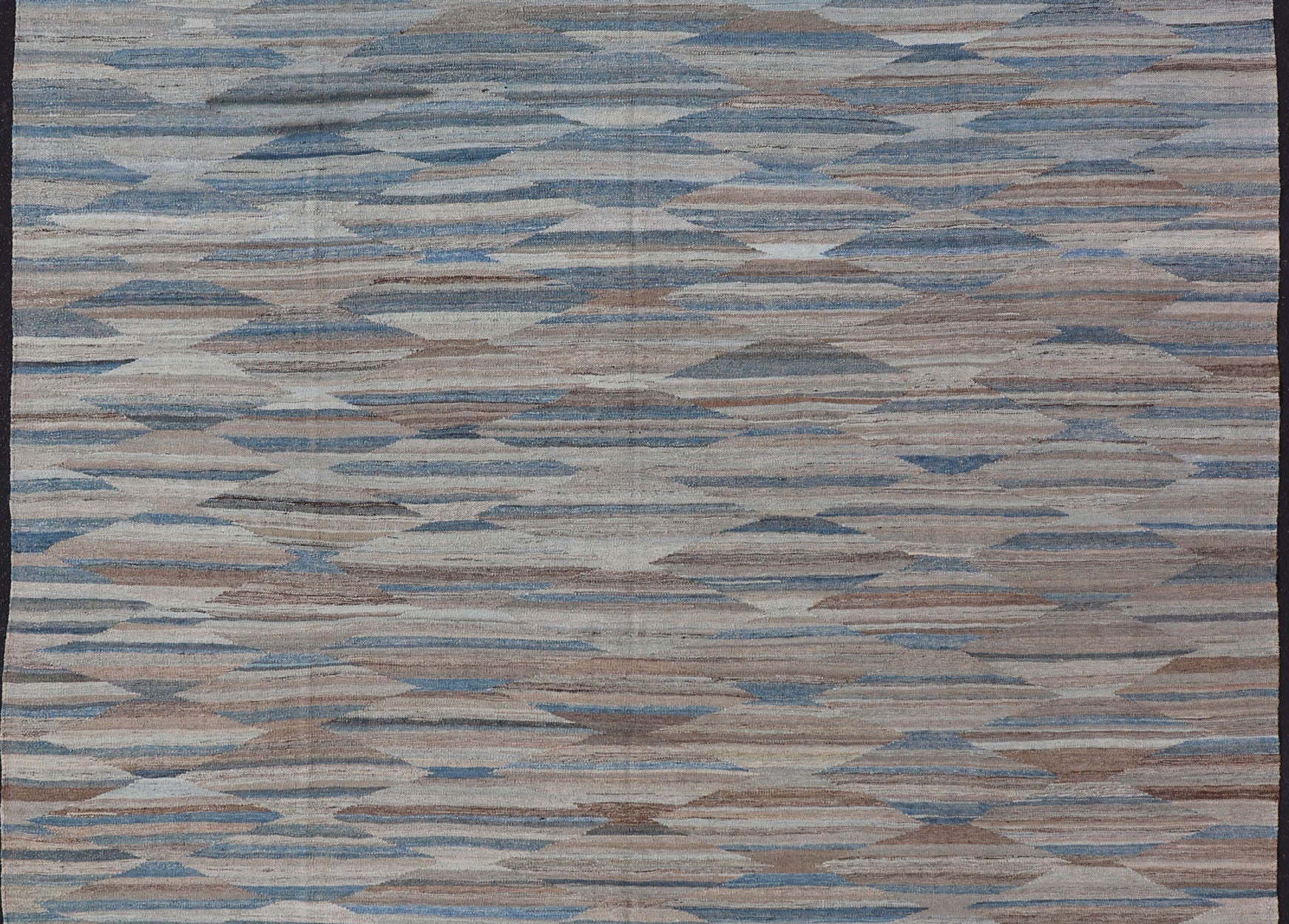 Afghan Modern Kilim All - Over Design in Blues, Browns, and Tan Modern and casual flat - woven Kilim rug. Neutrals, charcoal, gray, blue and brown diamond Afghan Modern Kilim Geometric design. Keivan Woven Arts / Rug AFG - 27786, country of origin / t... - Keivan Woven ArtsAFG - 27786 - 15873Rug