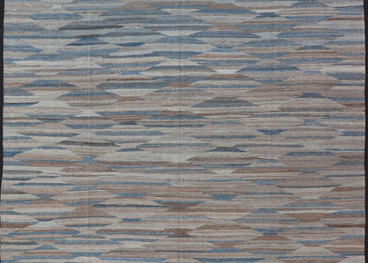 Afghan Modern Kilim All - Over Design in Blues, Browns, and Tan Modern and casual flat - woven Kilim rug. Neutrals, charcoal, gray, blue and brown diamond Afghan Modern Kilim Geometric design. Keivan Woven Arts / Rug AFG - 27786, country of origin / t... - Keivan Woven ArtsAFG - 27786 - 15873Rug