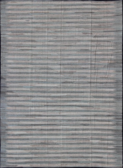 Large Afghanistan Kilim Modern With Stripes in Shade of Light Green and Cream Flat - weave Kilim rug with stripes with modern design in shades of blue, taupe gray and ivory, rug afg - 27788, country of origin / type: Afghanistan / Kilim This... - Keivan Woven ArtsAFG - 27788 - 11923Rug