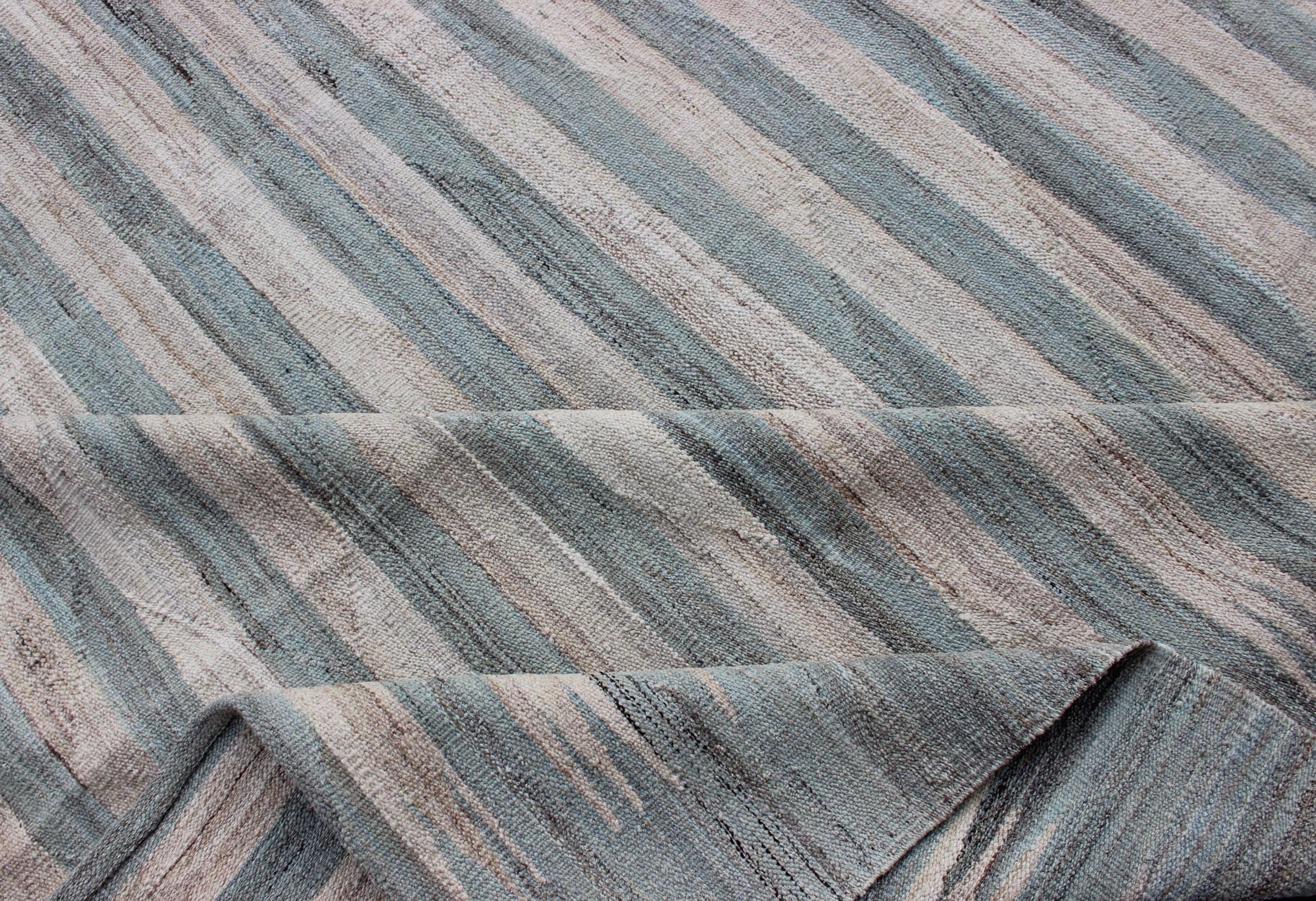 Large Afghanistan Kilim Modern With Stripes in Shade of Light Green and Cream Flat - weave Kilim rug with stripes with modern design in shades of blue, taupe gray and ivory, rug afg - 27788, country of origin / type: Afghanistan / Kilim This... - Keivan Woven ArtsAFG - 27788 - 11923Rug