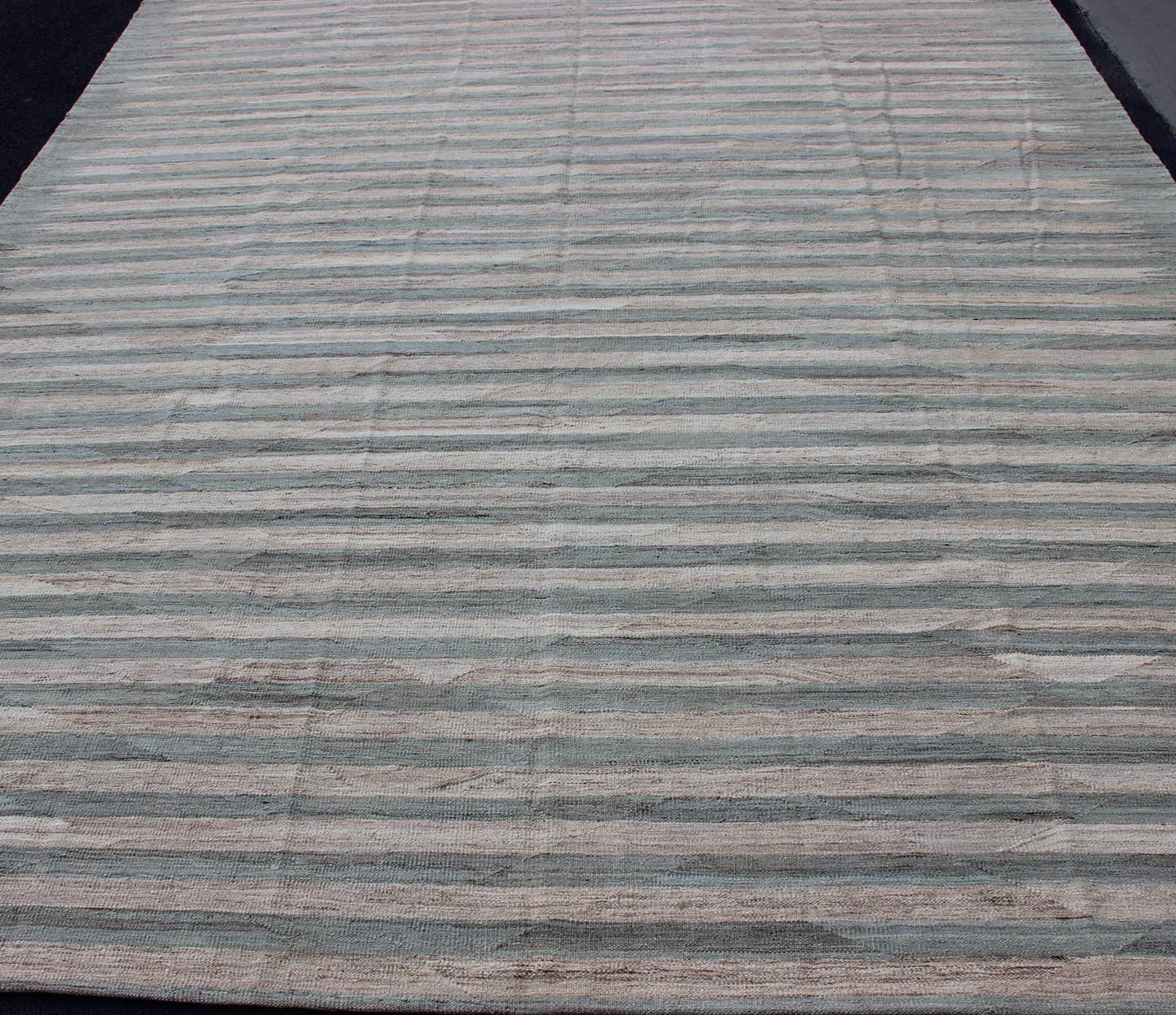 Large Afghanistan Kilim Modern With Stripes in Shade of Light Green and Cream Flat - weave Kilim rug with stripes with modern design in shades of blue, taupe gray and ivory, rug afg - 27788, country of origin / type: Afghanistan / Kilim This... - Keivan Woven ArtsAFG - 27788 - 11923Rug