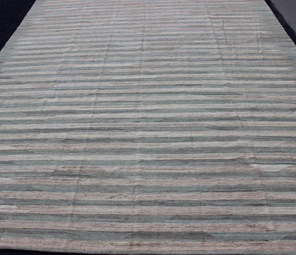 Large Afghanistan Kilim Modern With Stripes in Shade of Light Green and Cream Flat - weave Kilim rug with stripes with modern design in shades of blue, taupe gray and ivory, rug afg - 27788, country of origin / type: Afghanistan / Kilim This... - Keivan Woven ArtsAFG - 27788 - 11923Rug