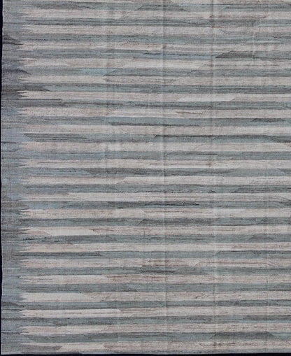 Large Afghanistan Kilim Modern With Stripes in Shade of Light Green and Cream Flat - weave Kilim rug with stripes with modern design in shades of blue, taupe gray and ivory, rug afg - 27788, country of origin / type: Afghanistan / Kilim This... - Keivan Woven ArtsAFG - 27788 - 11923Rug