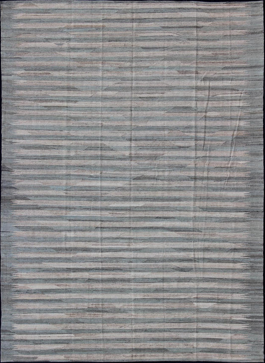 Large Afghanistan Kilim Modern With Stripes in Shade of Light Green and Cream Flat - weave Kilim rug with stripes with modern design in shades of blue, taupe gray and ivory, rug afg - 27788, country of origin / type: Afghanistan / Kilim This... - Keivan Woven ArtsAFG - 27788 - 11923