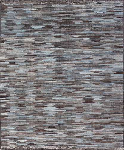 Modern Flatweave Kilim in Wool With Sub - Geometric Diamond Design in Blue and Charcoal. This flat - weave kilim has been hand - woven. The rug features a modern all - over diamond design, rendered in blue and brown tones; making this rug a superb fit for ... - Keivan Woven ArtsAFG - 29504 - 19736Rug