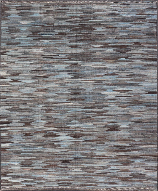 Modern Flatweave Kilim in Wool With Sub - Geometric Diamond Design in Blue and Charcoal. This flat - weave kilim has been hand - woven. The rug features a modern all - over diamond design, rendered in blue and brown tones; making this rug a superb fit for ... - Keivan Woven ArtsAFG - 29504 - 19736Rug