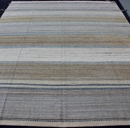 Modern Kilim Rug with large Stripes in Shades of Blue, Taupe, Gray and Cream Flat - weave Kilim rug with stripes with modern design in shades of blue, taupe gray and cream, rug afg - 29515, country of origin / type: Afghanistan / Kilim This p... - Keivan Woven ArtsAFG - 29515 - 11944Rug