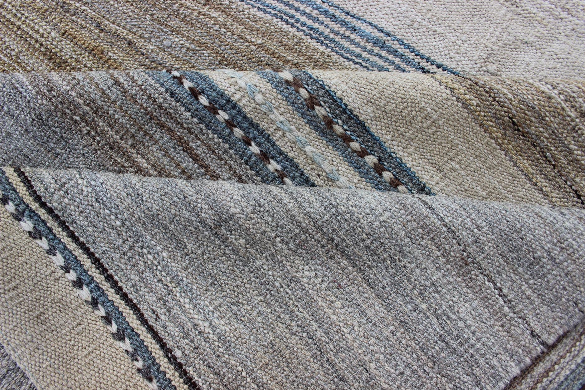 Modern Kilim Rug with large Stripes in Shades of Blue, Taupe, Gray and Cream Flat - weave Kilim rug with stripes with modern design in shades of blue, taupe gray and cream, rug afg - 29515, country of origin / type: Afghanistan / Kilim This p... - Keivan Woven ArtsAFG - 29515 - 11944Rug