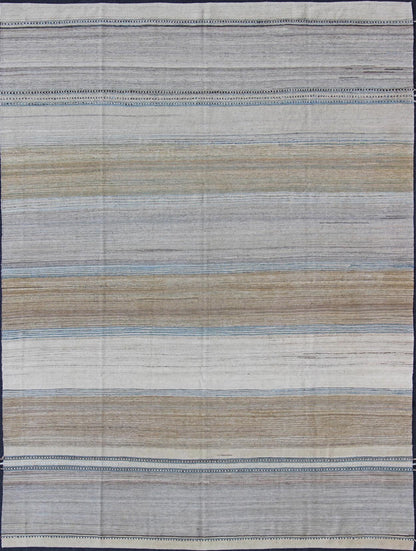 Modern Kilim Rug with large Stripes in Shades of Blue, Taupe, Gray and Cream Flat - weave Kilim rug with stripes with modern design in shades of blue, taupe gray and cream, rug afg - 29515, country of origin / type: Afghanistan / Kilim This p... - Keivan Woven ArtsAFG - 29515 - 11944Rug