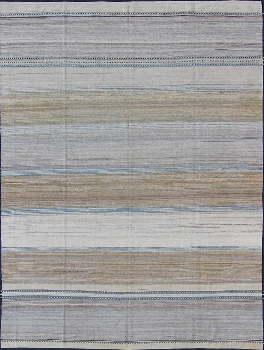 Modern Kilim Rug with large Stripes in Shades of Blue, Taupe, Gray and Cream Flat - weave Kilim rug with stripes with modern design in shades of blue, taupe gray and cream, rug afg - 29515, country of origin / type: Afghanistan / Kilim This p... - Keivan Woven ArtsAFG - 29515 - 11944Rug