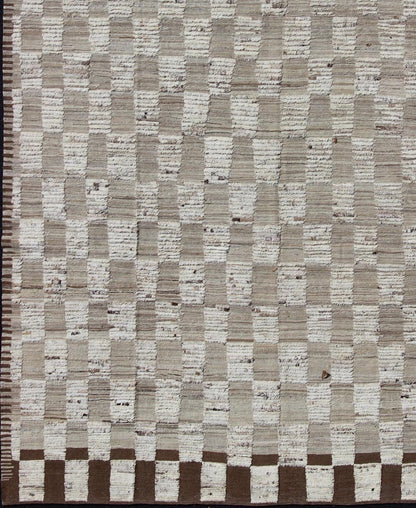 Modern Hi Low with Kilim - Piled Rug with Checkerboard Design in Earth Tones. Hi Low pile rug, combination of Kilim and pile Rug with Checkerboard Design in Earth Tones, Shades of Taupe Modern Rug with Kilim - Piled Texture, rug AFG - 29606, country o... - Keivan Woven ArtsAFG - 29606 - 3744Rug