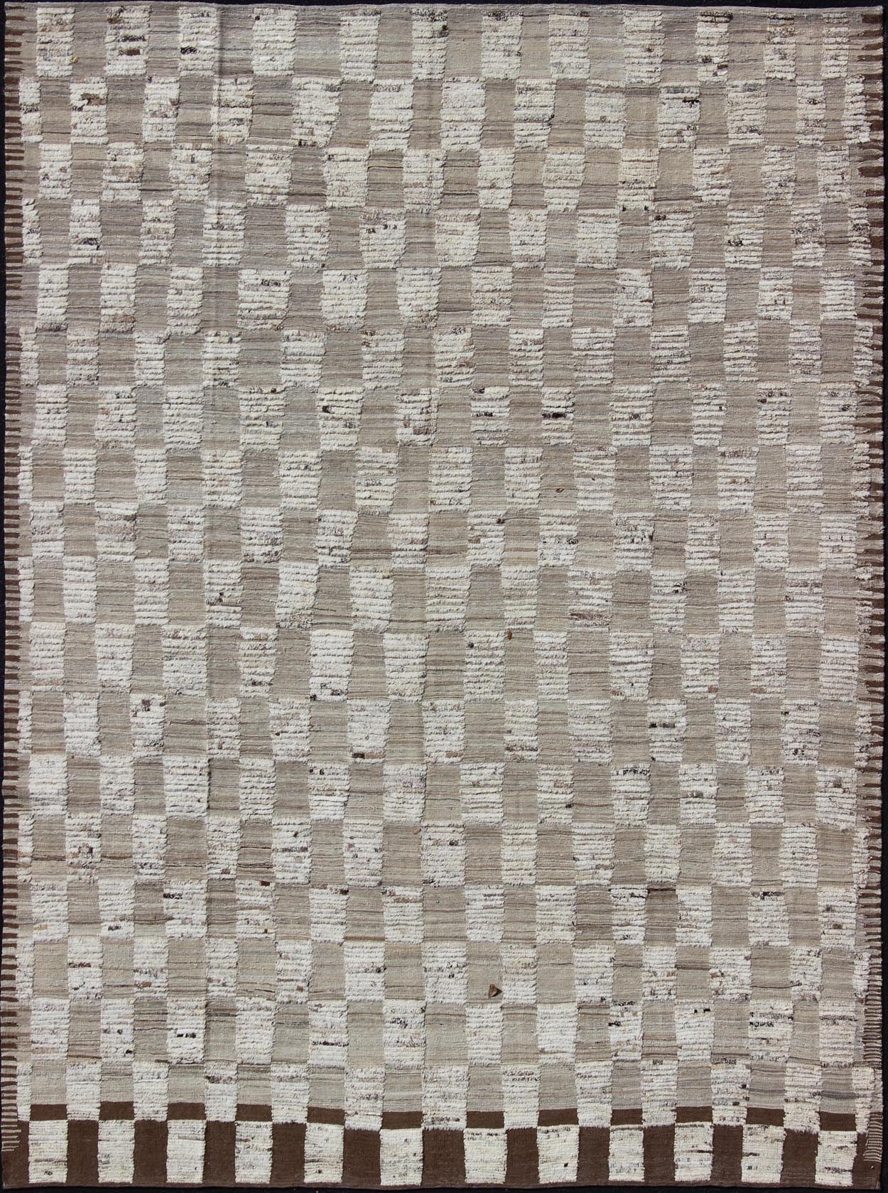 Modern Hi Low with Kilim - Piled Rug with Checkerboard Design in Earth Tones. Hi Low pile rug, combination of Kilim and pile Rug with Checkerboard Design in Earth Tones, Shades of Taupe Modern Rug with Kilim - Piled Texture, rug AFG - 29606, country o... - Keivan Woven ArtsAFG - 29606 - 3744Rug