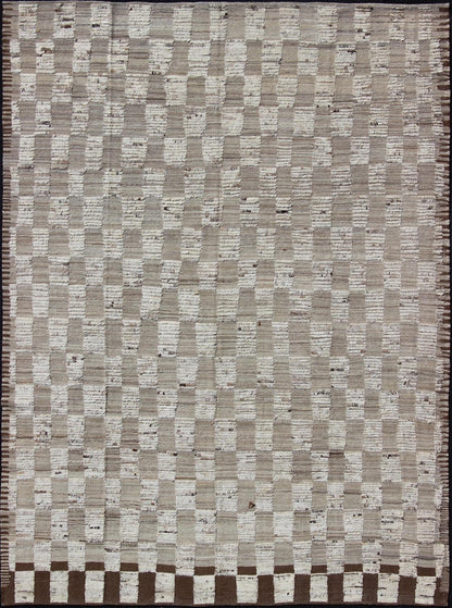 Modern Hi Low with Kilim - Piled Rug with Checkerboard Design in Earth Tones. Hi Low pile rug, combination of Kilim and pile Rug with Checkerboard Design in Earth Tones, Shades of Taupe Modern Rug with Kilim - Piled Texture, rug AFG - 29606, country o... - Keivan Woven ArtsAFG - 29606 - 3744Rug