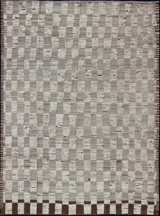 Modern Hi Low with Kilim - Piled Rug with Checkerboard Design in Earth Tones. Hi Low pile rug, combination of Kilim and pile Rug with Checkerboard Design in Earth Tones, Shades of Taupe Modern Rug with Kilim - Piled Texture, rug AFG - 29606, country o... - Keivan Woven ArtsAFG - 29606 - 3744Rug