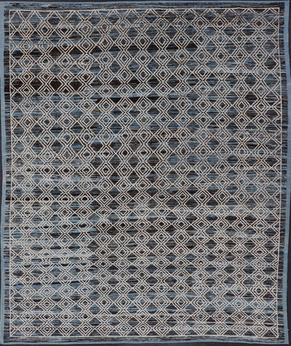 Blue, Charcoal, Gray and Brown Afghan Modern Geometric Design Rug. Modern and casual rug. Neutrals, charcoal, gray, blue and brown tribal Afghan Modern Kilim Geometric design. Rug AFG - 30430, country of origin / type: Afghanistan / Modern rug/ modern... - Keivan Woven ArtsAFG - 30430 - 15677Rug