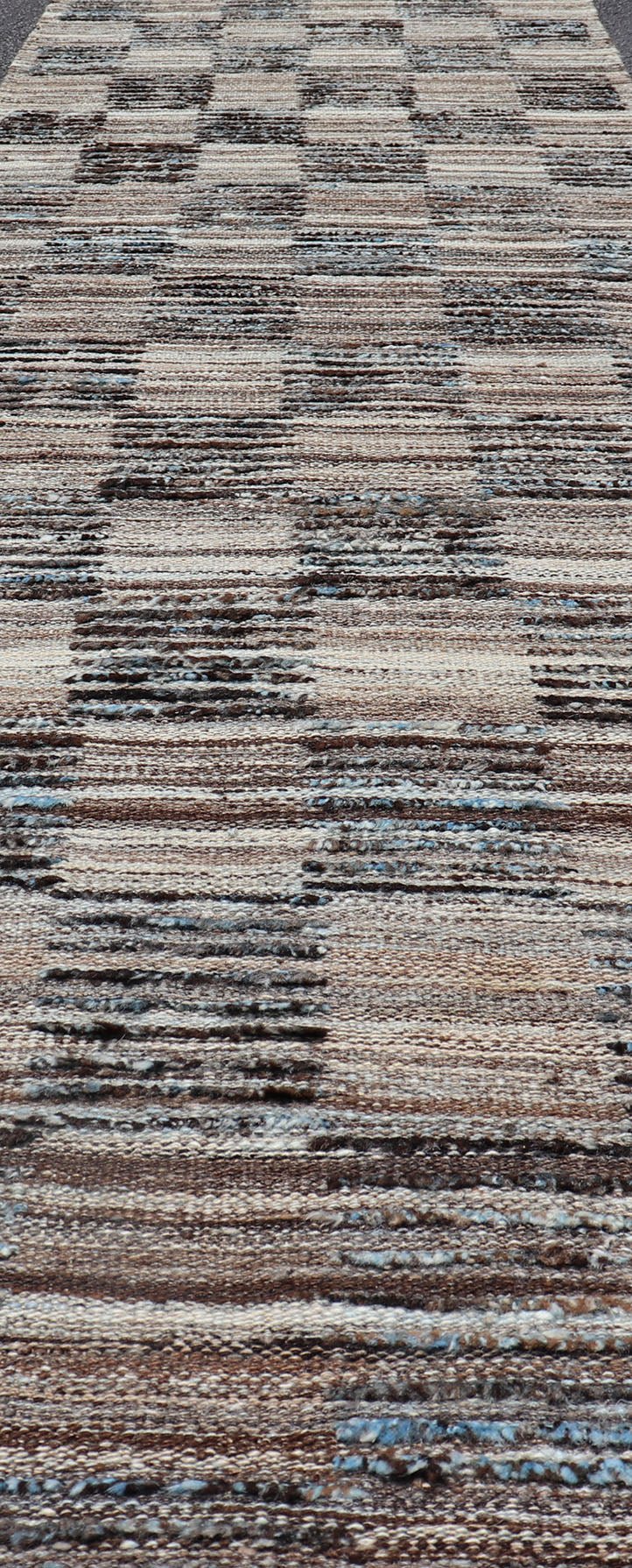 Modern Hi Low with Kilim - Piled Runner with Checkerboard Design in Blue/Gray Hi Low pile rug, combination of Kilim and pile Rug with Checkerboard Design in gray, charcoal, and blue, Shades of blue Modern Rug with Kilim - Piled Texture, Keivan Wo... - Keivan Woven ArtsAFG - 30489 - 15903Rug