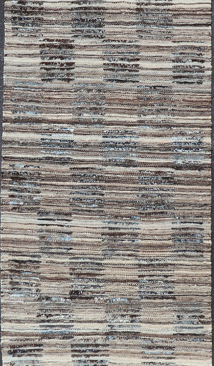 Modern Hi Low with Kilim - Piled Runner with Checkerboard Design in Blue/Gray Hi Low pile rug, combination of Kilim and pile Rug with Checkerboard Design in gray, charcoal, and blue, Shades of blue Modern Rug with Kilim - Piled Texture, Keivan Wo... - Keivan Woven ArtsAFG - 30489 - 15903Rug