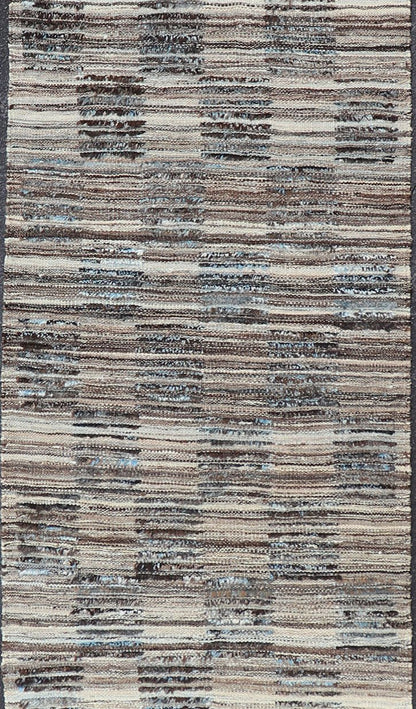 Modern Hi Low with Kilim - Piled Runner with Checkerboard Design in Blue/Gray Hi Low pile rug, combination of Kilim and pile Rug with Checkerboard Design in gray, charcoal, and blue, Shades of blue Modern Rug with Kilim - Piled Texture, Keivan Wo... - Keivan Woven ArtsAFG - 30489 - 15903Rug