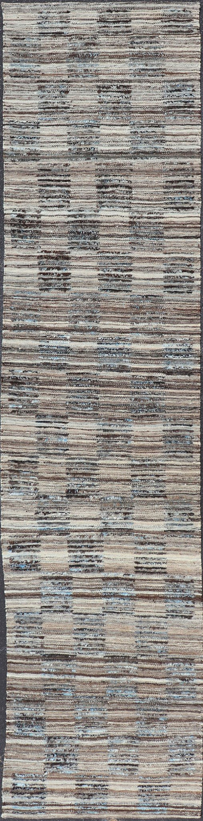 Modern Hi Low with Kilim - Piled Runner with Checkerboard Design in Blue/Gray Hi Low pile rug, combination of Kilim and pile Rug with Checkerboard Design in gray, charcoal, and blue, Shades of blue Modern Rug with Kilim - Piled Texture, Keivan Wo... - Keivan Woven ArtsAFG - 30489 - 15903Rug