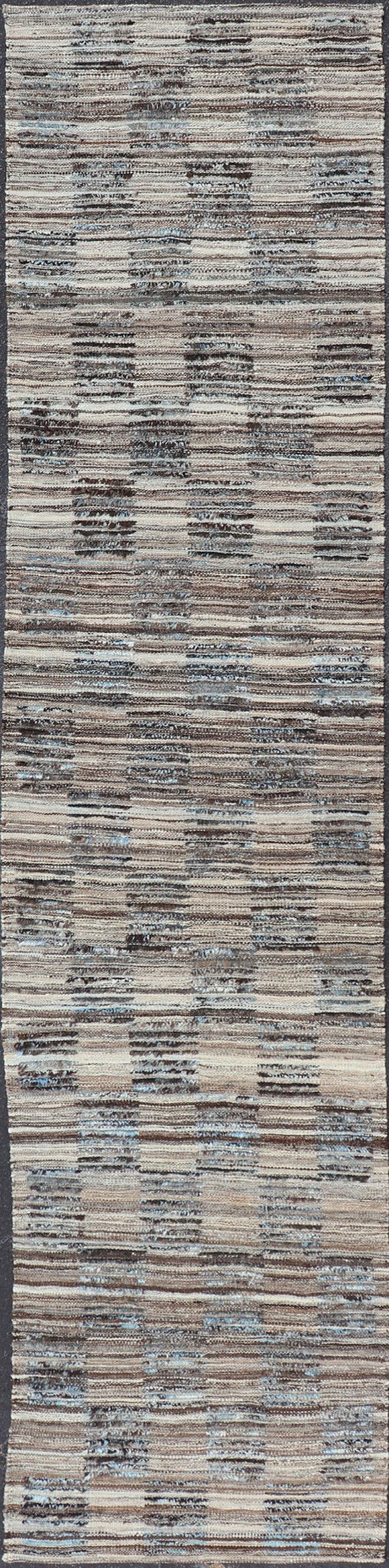 Modern Hi Low with Kilim - Piled Runner with Checkerboard Design in Blue/Gray Hi Low pile rug, combination of Kilim and pile Rug with Checkerboard Design in gray, charcoal, and blue, Shades of blue Modern Rug with Kilim - Piled Texture, Keivan Wo... - Keivan Woven ArtsAFG - 30489 - 15903Rug