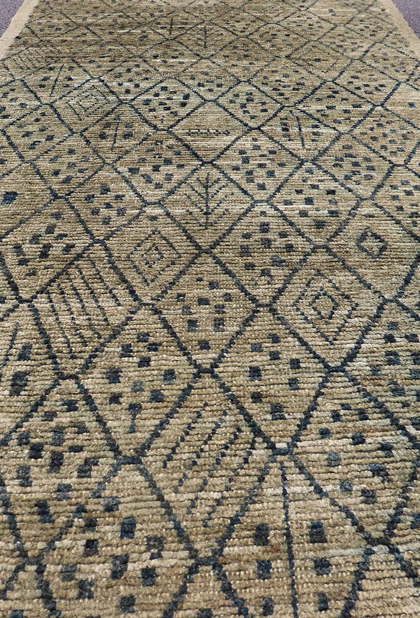 Modern Gallery Long Runner with Tribal Moroccan design in Yellow Green & Blue. Yellow Green Background with navy blue highlights in tribal design and free - flowing Moroccan design, rug AFG - 31830, country of origin / type: Afghanistan / piled ... - Keivan Woven ArtsAFG - 31830 - 15693Rug