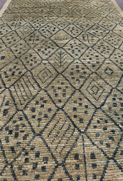 Modern Gallery Long Runner with Tribal Moroccan design in Yellow Green & Blue. Yellow Green Background with navy blue highlights in tribal design and free - flowing Moroccan design, rug AFG - 31830, country of origin / type: Afghanistan / piled ... - Keivan Woven ArtsAFG - 31830 - 15693Rug