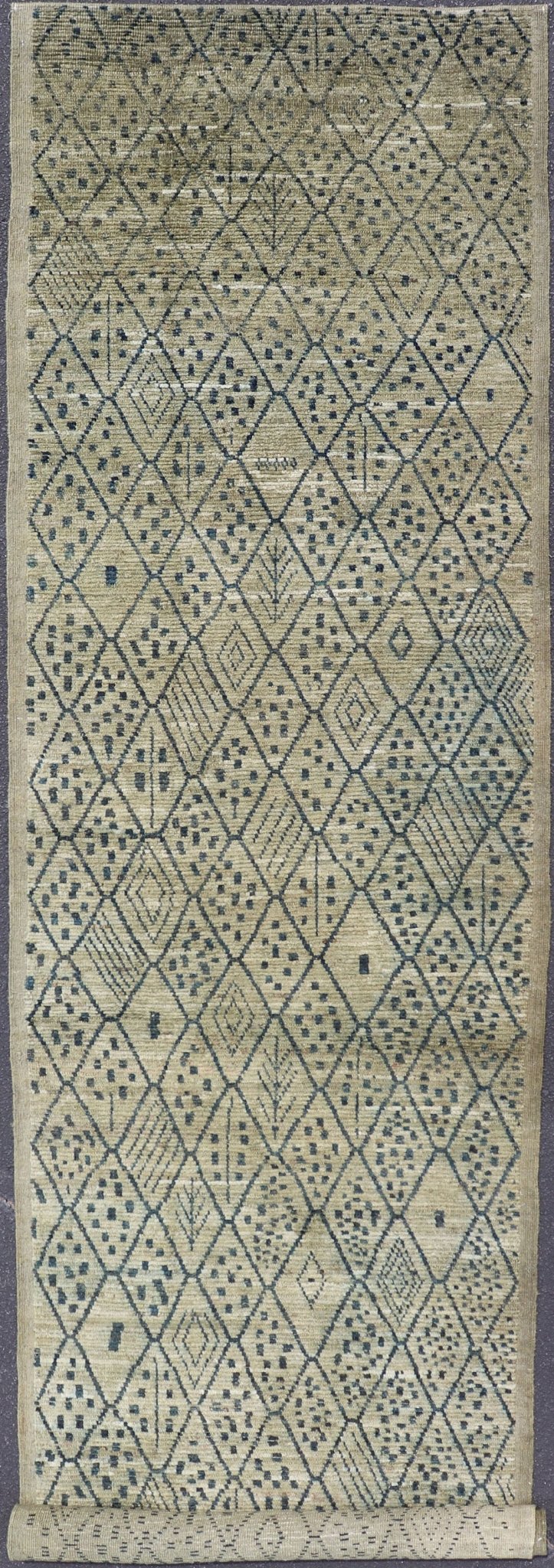Modern Gallery Long Runner with Tribal Moroccan design in Yellow Green & Blue. Yellow Green Background with navy blue highlights in tribal design and free - flowing Moroccan design, rug AFG - 31830, country of origin / type: Afghanistan / piled ... - Keivan Woven ArtsAFG - 31830 - 15693Rug