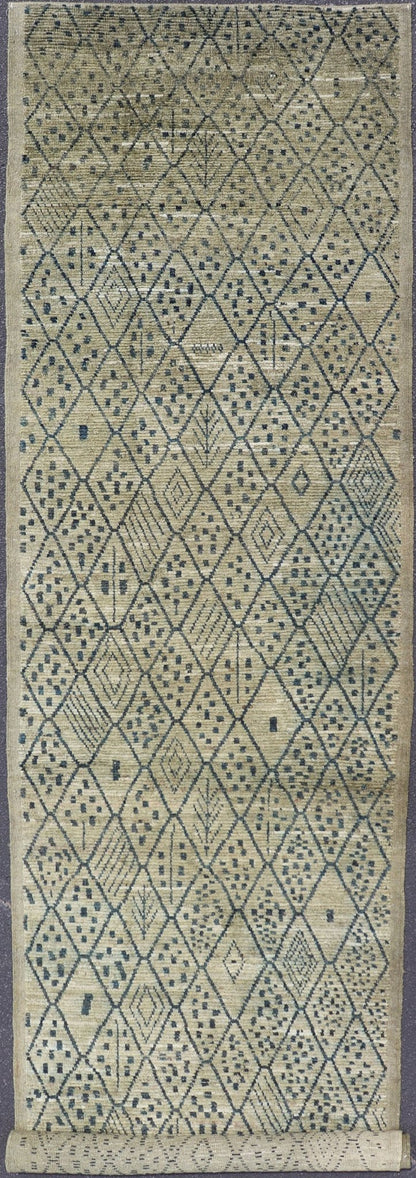 Modern Gallery Long Runner with Tribal Moroccan design in Yellow Green & Blue. Yellow Green Background with navy blue highlights in tribal design and free - flowing Moroccan design, rug AFG - 31830, country of origin / type: Afghanistan / piled ... - Keivan Woven ArtsAFG - 31830 - 15693Rug