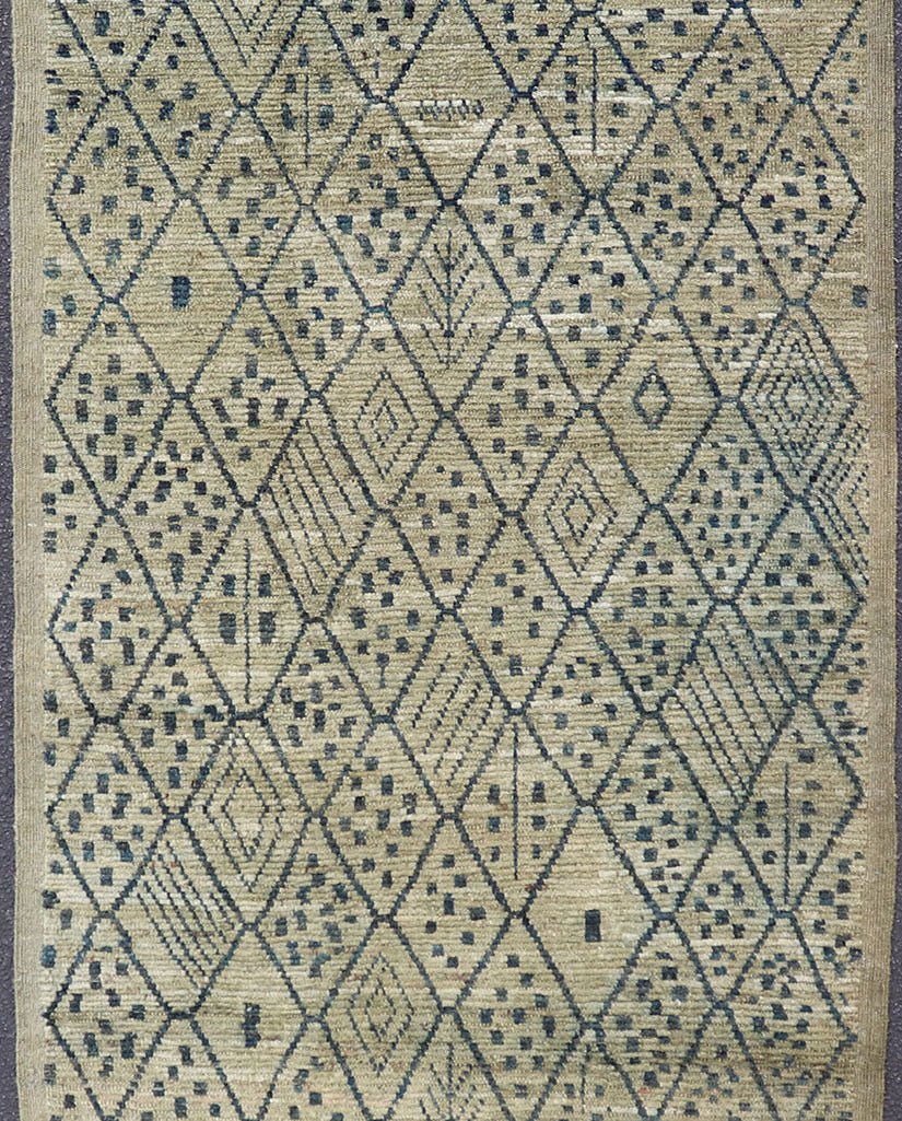 Modern Gallery Long Runner with Tribal Moroccan design in Yellow Green & Blue. Yellow Green Background with navy blue highlights in tribal design and free - flowing Moroccan design, rug AFG - 31830, country of origin / type: Afghanistan / piled ... - Keivan Woven ArtsAFG - 31830 - 15693Rug