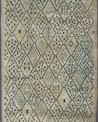 Modern Gallery Long Runner with Tribal Moroccan design in Yellow Green & Blue. Yellow Green Background with navy blue highlights in tribal design and free - flowing Moroccan design, rug AFG - 31830, country of origin / type: Afghanistan / piled ... - Keivan Woven ArtsAFG - 31830 - 15693Rug