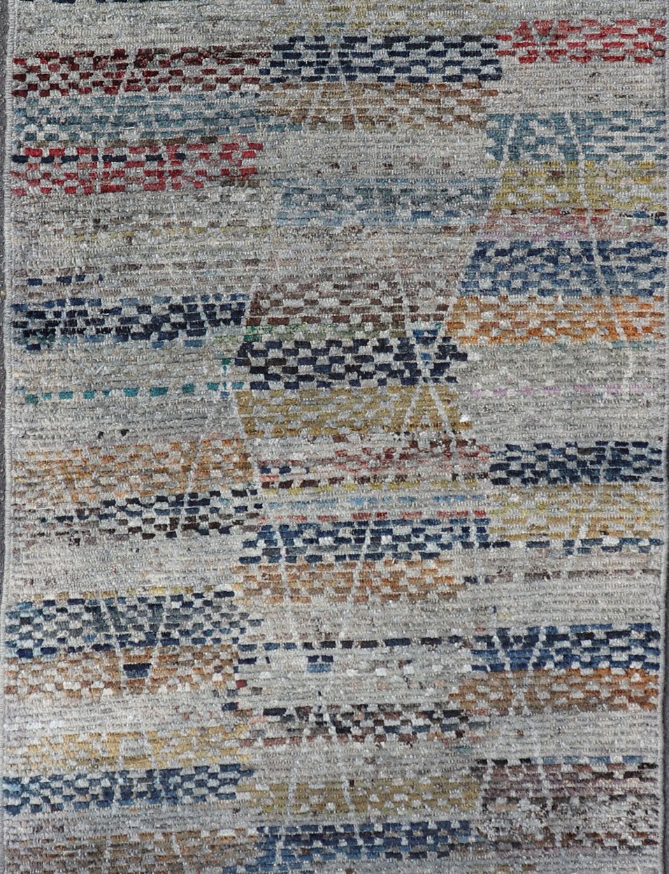 Multi Colored Diamond Afghan Modern Casual Gallery Rug Geometric Design Modern and casual Gallery Runner Neutrals, charcoal, gray, red, blue and brown diamond Afghan Modern Kilim Geometric design. Keivan Woven Arts / Rug AFG - 31832, country of or... - Keivan Woven ArtsAFG - 31832 - 15697Rug