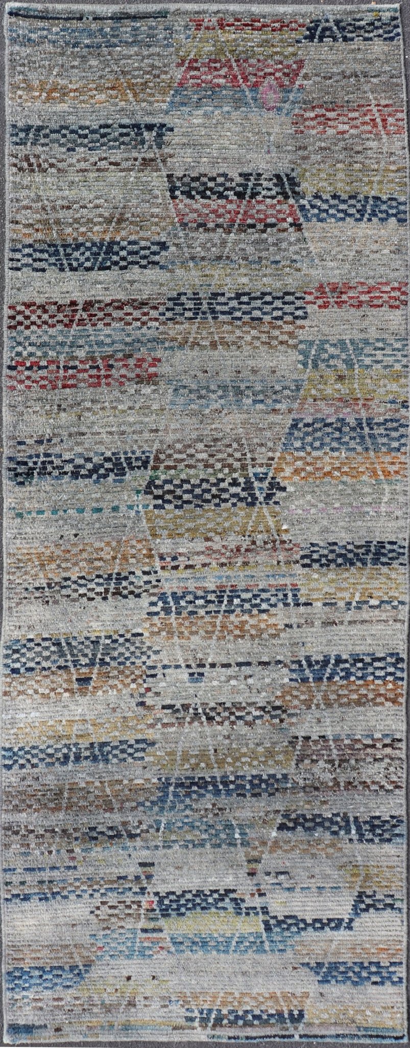 Multi Colored Diamond Afghan Modern Casual Gallery Rug Geometric Design Modern and casual Gallery Runner Neutrals, charcoal, gray, red, blue and brown diamond Afghan Modern Kilim Geometric design. Keivan Woven Arts / Rug AFG - 31832, country of or... - Keivan Woven ArtsAFG - 31832 - 15697Rug