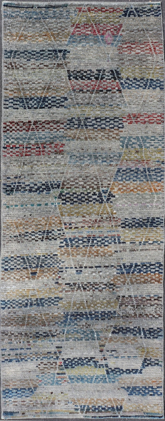 Multi Colored Diamond Afghan Modern Casual Gallery Rug Geometric Design Modern and casual Gallery Runner Neutrals, charcoal, gray, red, blue and brown diamond Afghan Modern Kilim Geometric design. Keivan Woven Arts / Rug AFG - 31832, country of or... - Keivan Woven ArtsAFG - 31832 - 15697Rug