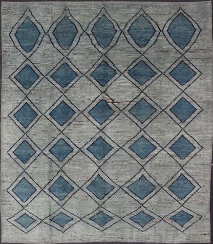 Modern Casual Design Tribal Rug with Diamond Pattern in Green, Blue, and Brown Blue, green, andbrown rug with modern casual design and natural wool, Keivan Woven Arts / rug AFG - 31855, country of origin / type: Afghanistan / Modern This cl... - Keivan Woven ArtsAFG - 31855 - 15911Rug