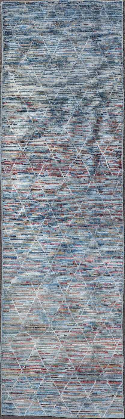 Colorful Moroccan Style Gallery Runner in Diamond and Modern Design. Modern and casual Gallery in Moroccan Style with fine wool. Colors include blue, green, red, gray, and yellow. Modern diamond design, Afghan Modern Kilim, Geometric design. Rug... - Keivan Woven ArtsAFG - 31924 - 13998Rug